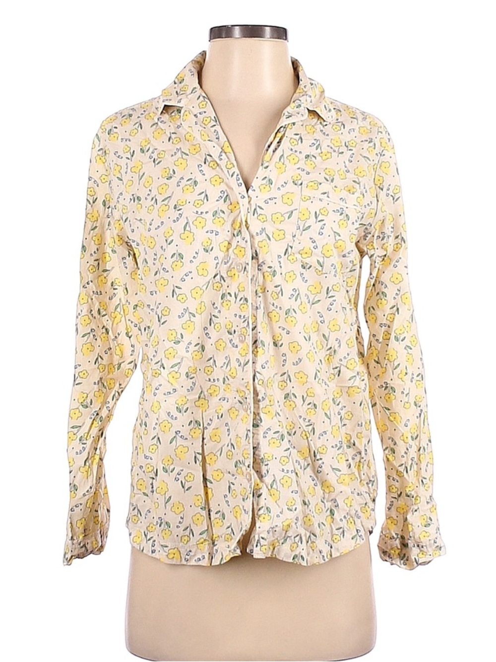 Hanna Andersson Cotton Long Sleeve Button Down Floral Beige & Yellow Blouse XS